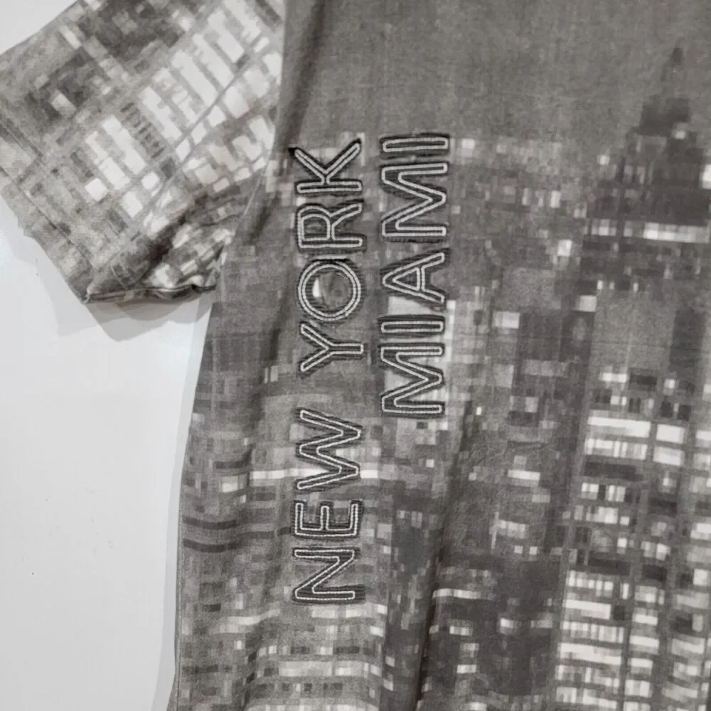 Mens Large Miami All Over Big City Lights Palms Print Pullover Tshirt Y2K Grunge